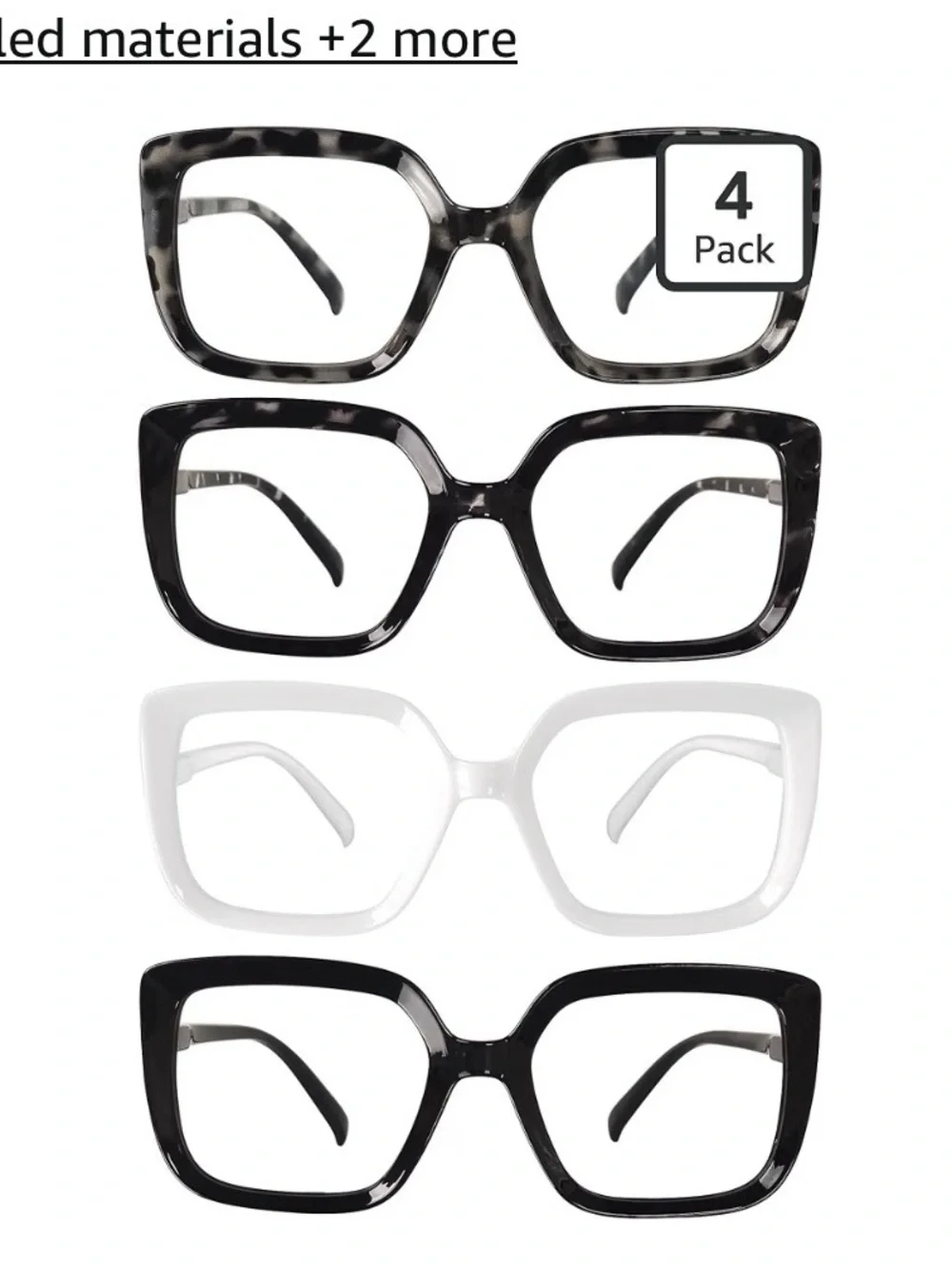 4-Pack Women's Oversized Square Fashion Glasses -Black,White, Tortoiseshell- 1.0